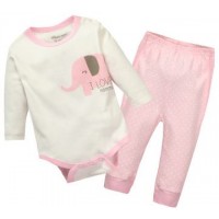 純棉嬰兒長袖夾衣褲仔套裝 - 粉色小象 (女裝)